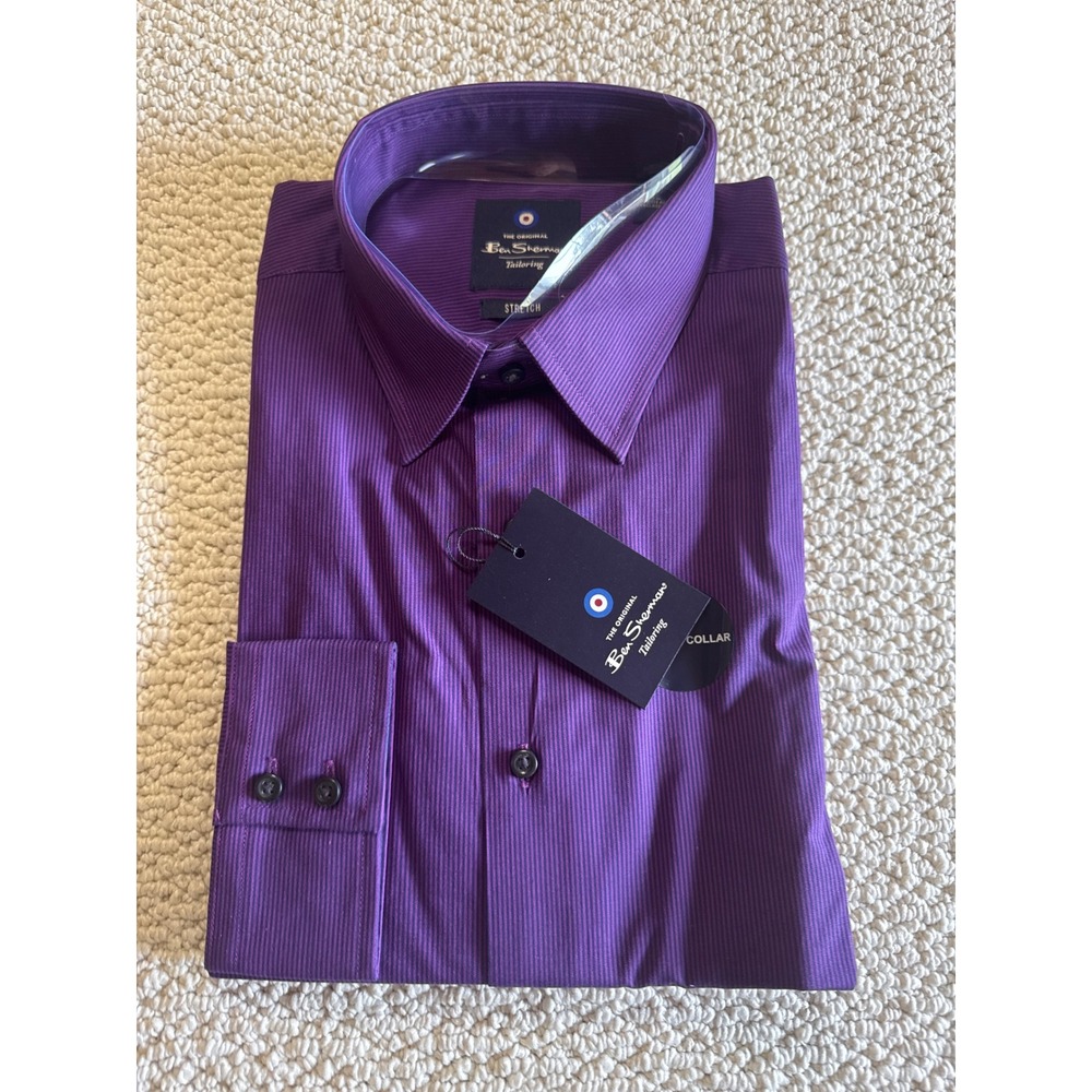Ben Sherman Tailoring Purple Micro Stripe Dress Shirt 15.5 32-33 Stretch NEW